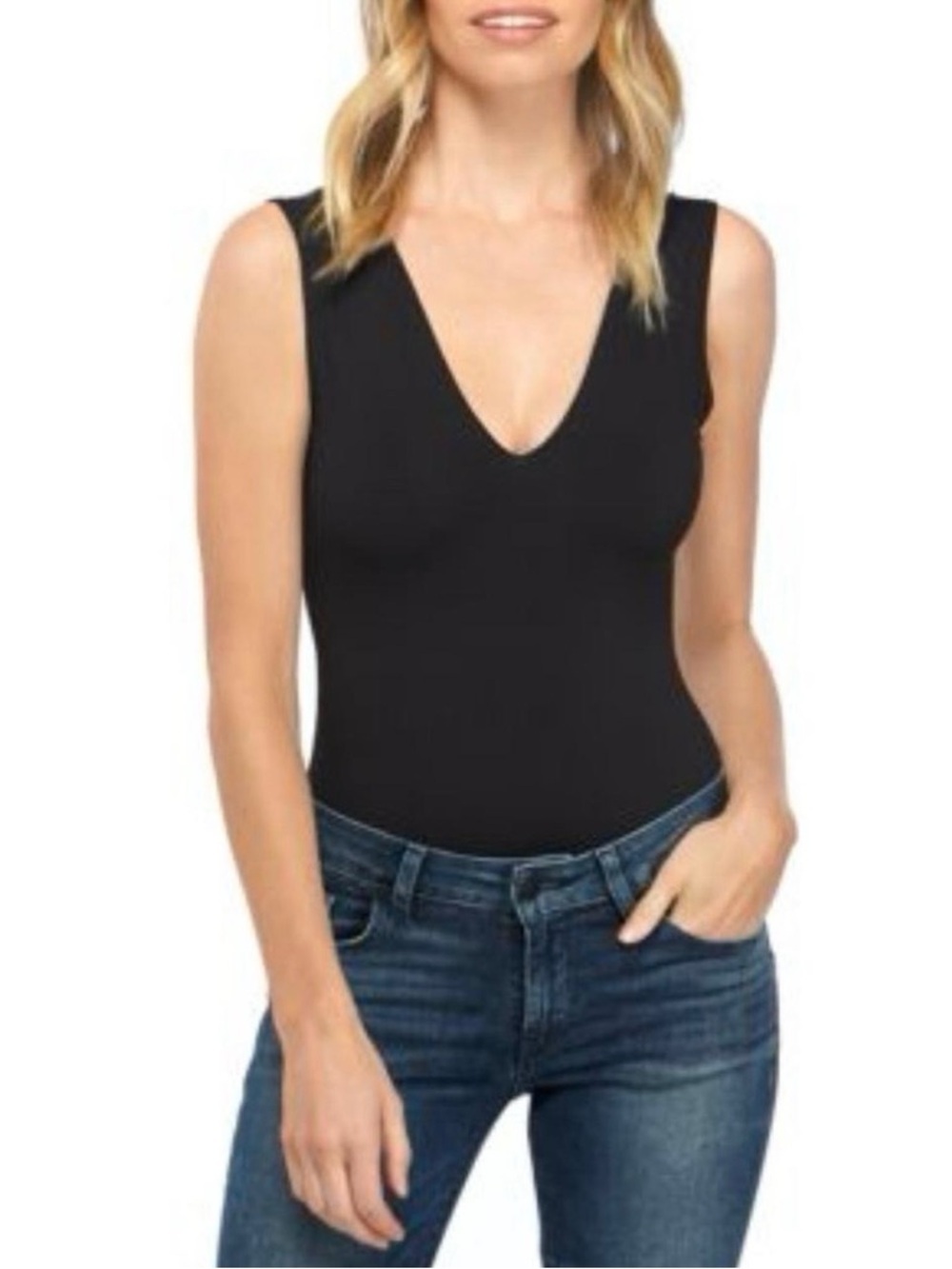 Free People Black V-Neck Sleeveless Bodysuit